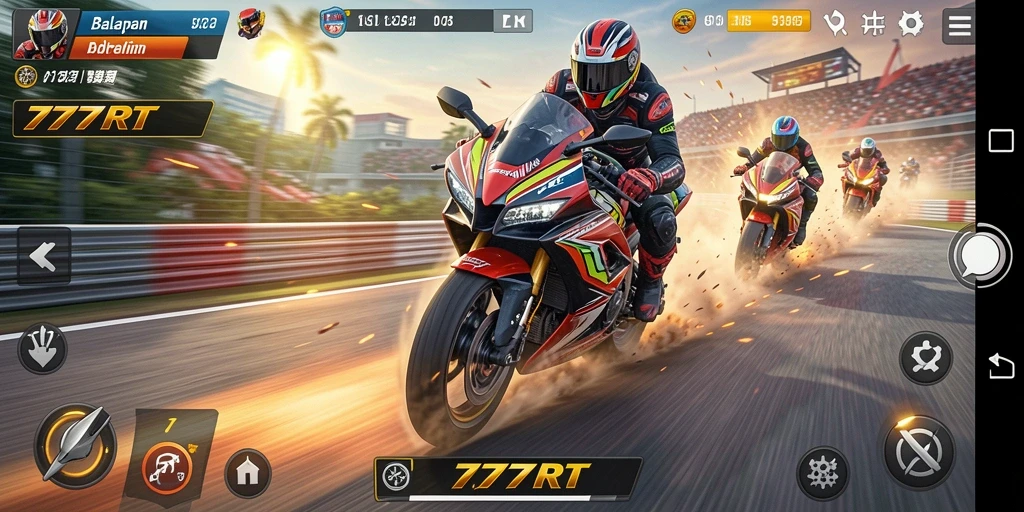 Gameplay 777RT menampilkan aksi balapan motor yang intens dan menarik.