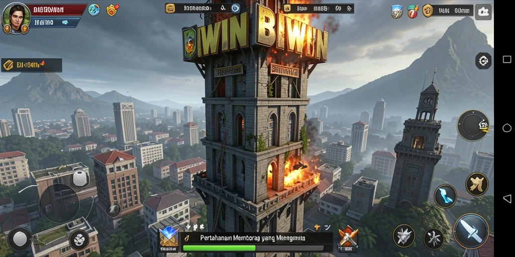 Screenshot gameplay BIWIN menampilkan pertarungan Tower Defense yang intens.