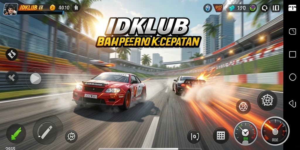 Tangkapan layar gameplay IDKLUB menampilkan aksi balap seru dan mobil-mobil cepat.
