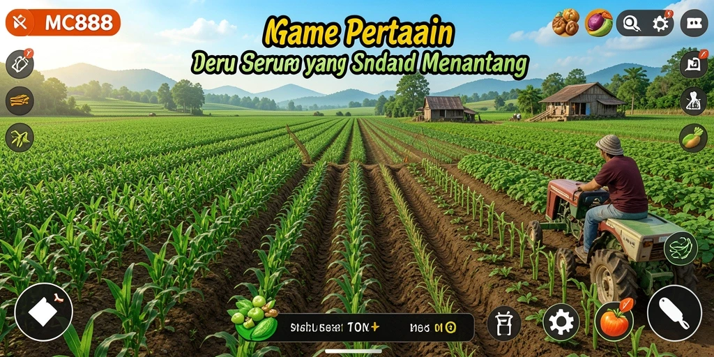 Screenshot utama MC888 menunjukkan pemain mengelola lahan pertanian yang subur.