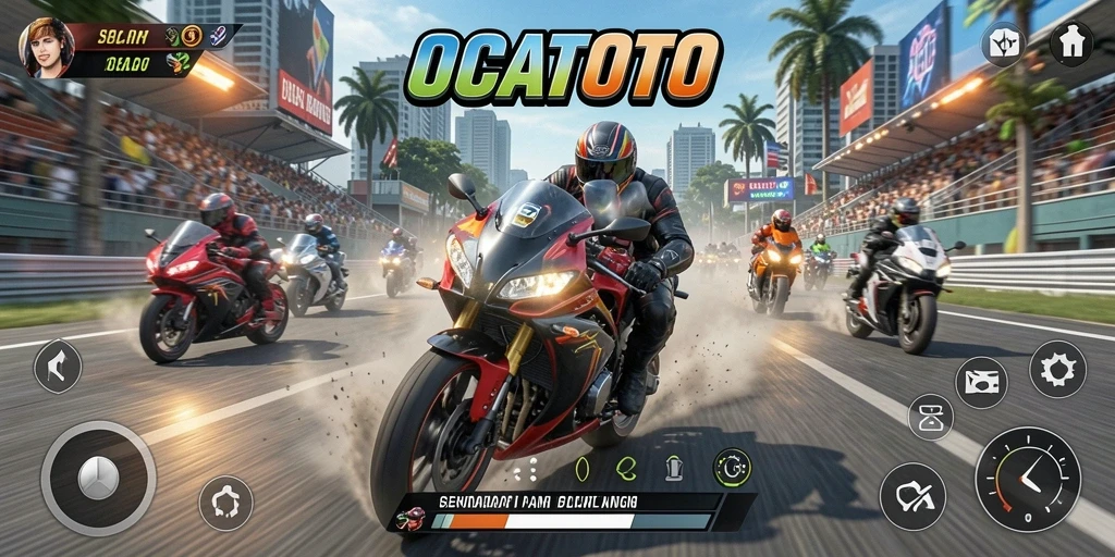 Tampilan gameplay OCATOTO dengan balapan motor yang seru dan menegangkan.
